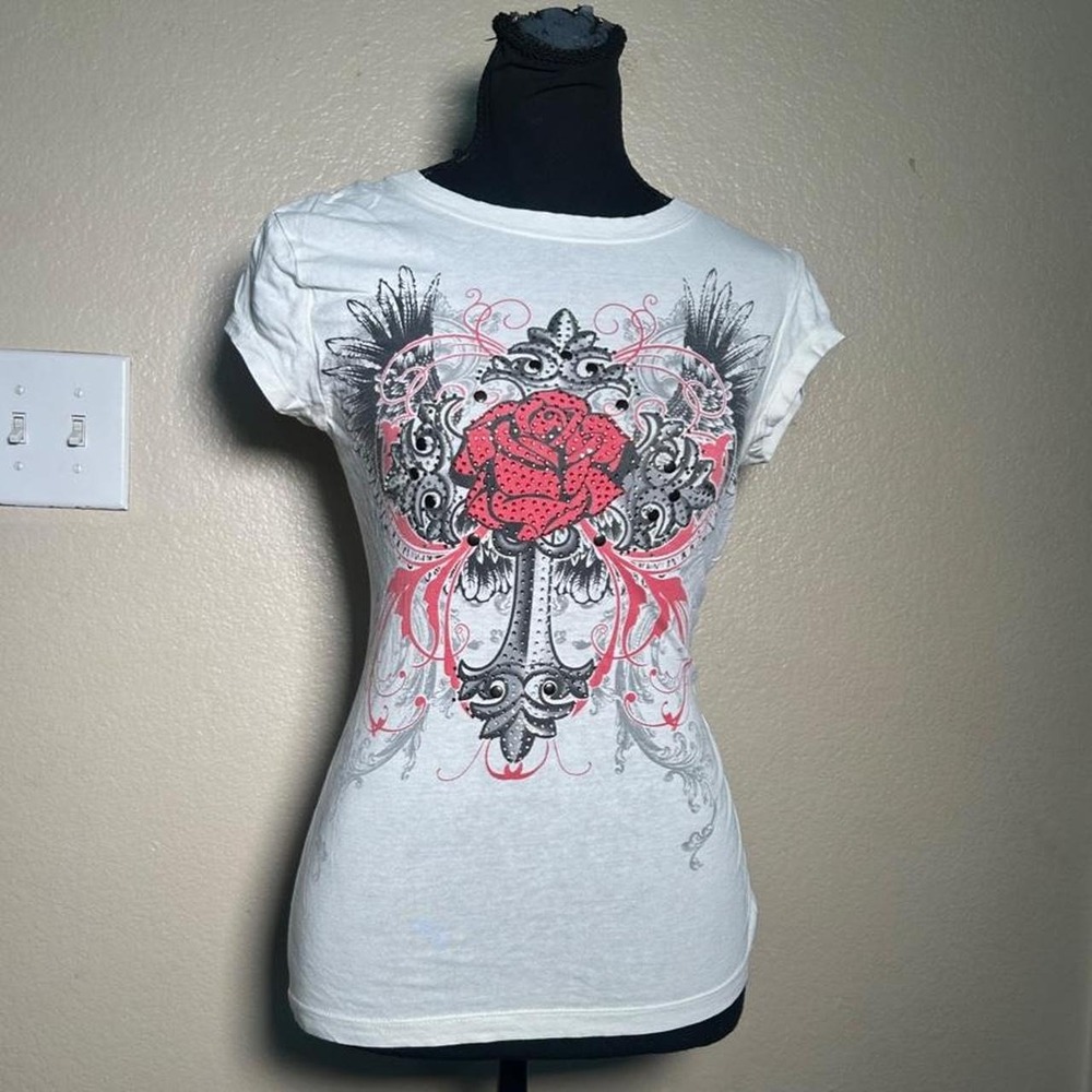 Zenana Outfitters Y2K Grunge Graphic Fitted Baby Tee Rose Rhinestone White Small